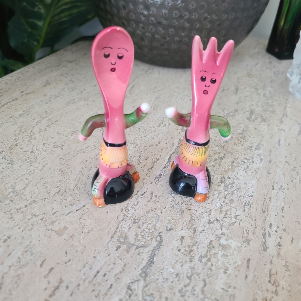 Whimsical Pink and Black Ceramic Fork and Spoon Set